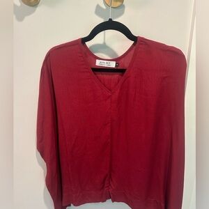 Ava Sky Deep Red V-Neck Blouse & Pant Set